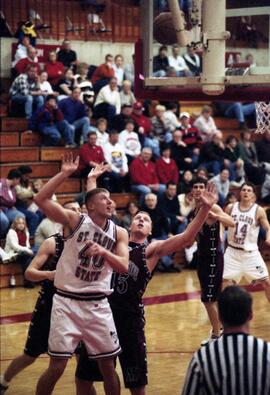 Jason Kron looks for the basketball during a basketball game against Morningside College, St. Cloud State University