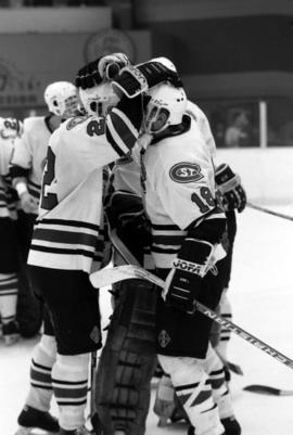 St. Cloud State hockey players celebrate, St. Cloud State University