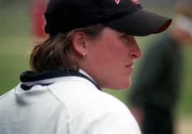 Paula U'Ren during a softball game, St. Cloud State University