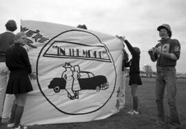 Homecoming banner ready for football players to run through before the game, St. Cloud State University