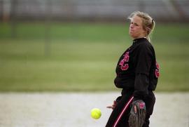 Karissa Hoehn pitches a softball during a game, St. Cloud State University