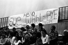 A sign of support for St. Cloud State alum Sue Wahl during a Minnesota Fillies basketball game at Halenbeck Hall (1965), St. Cloud State University