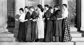 Women students gather together in front of Lawrence Hall (1905), St. Cloud State University