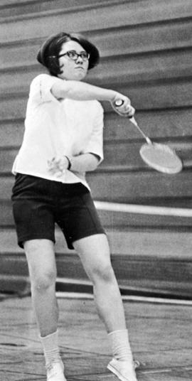 Linda Pearson plays in a badminton match, St. Cloud State University