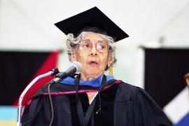 Minnesota labor and civil rights activist Nellie Stone Johnson speaks after receiving the first honorary degree awarded by St. Cloud State University