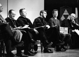 Men sit together on stage, Charles Graham inauguration, St. Cloud State University