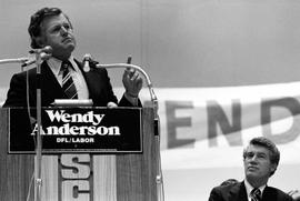 US Senator Ted Kennedy spoke at a rally in support of the US Senator from Minnesota and former governor Wendell Anderson, St. Cloud State University