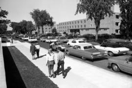 Cars fill the street in front of Mitchell (1958), St. Cloud State University