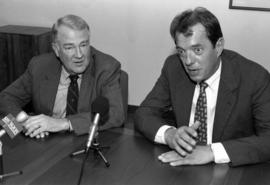 Edwin Meese and Gatewood Galbraith appear at a press conference before their debate, St. Cloud State University