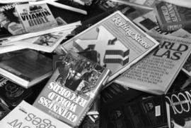 Books and magazines on a floor, KVSC trivia weekend, St. Cloud State University