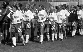 Soccer players shake hands after a game, St. Cloud State University