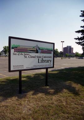 Sign announcing the location of the new campus library, St. Cloud State University