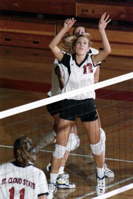 Cami Selbitschka looks for the volleyball during a volleyball match against South Dakota State University, St. Cloud State University