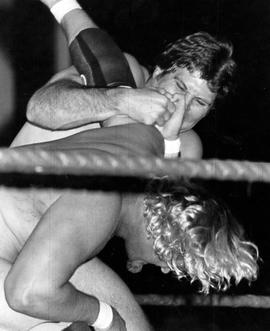 Jim Brunzel puts Bobby Duncum into a wrestling hold at Halenbeck Hall (1965), St. Cloud State University