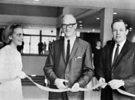 Sarah Shogren, George Budd, and Robert Benson cut the ribbon at the Atwood Memorial Center (1966) dedication, St. Cloud State University