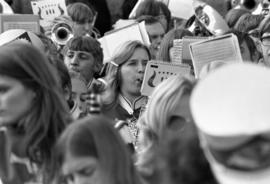 Marching band members at football game, St. Cloud State University