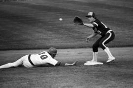 Jim Eisenreich slides into a base during the St. Cloud State University baseball game against Southwest State University