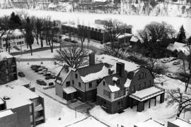 Bird's eye view of Carol Hall (1940), Newman Center, and Benton Hall (1967), St. Cloud State University