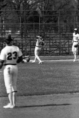 Dan Meyer tries to catch a baseball during a St. Cloud State University baseball game against the University of Minnesota-Duluth