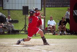 Brooke Gentzler hits a softball during a softball game, St. Cloud State University