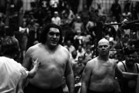 Andre The Giant and Baron Von Raschke walk to the ring at Halenbeck Hall (1965), St. Cloud State University