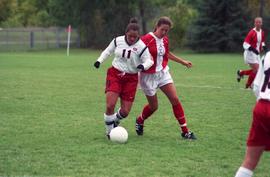 Soccer player Kim Corbin plays in a soccer game, St. Cloud State University