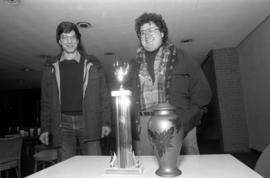 First place trophy and traveling vase, KVSC trivia weekend, St. Cloud State University