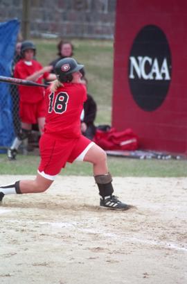 Brooke Gentzler hits a softball during a softball game, St. Cloud State University