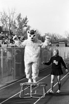 Husky mascot at homecoming football game, St. Cloud State University