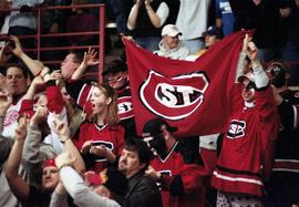 Fans during a hockey game against the University of Minnesota, St. Cloud State University