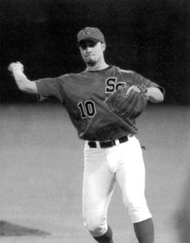 St. Cloud State University baseball player Eric Schmitz prepares to throw the ball