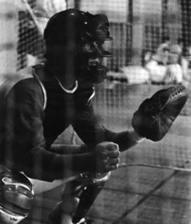 "Catcher Denny Lorsung works out with the pitchers at Eastman Hall in early spring," St. Cloud State University