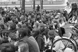 Protestors listen to a speech, Day of Peace protest, St. Cloud State University