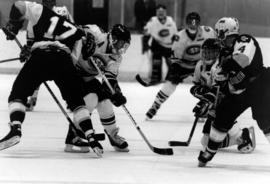 St. Cloud State University hockey player Tim Hanus digs for a puck in a game against the University of Minnesota-Duluth