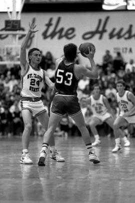 Kevin Skarich defends during a basketball game against Moorhead State University, St. Cloud State University