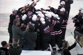 St. Cloud State men's hockey team celebrates with the Broadmoor trophy, St. Cloud State University
