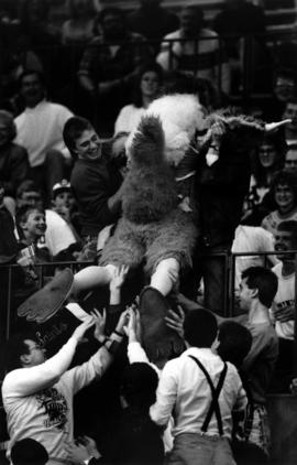 The San Diego Chicken is carried by a crowd at a basketball game, St. Cloud State University