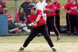 Softball player Karissa Hoehn bats against Mankato State University, St. Cloud State University