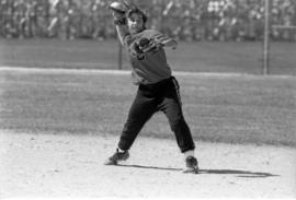 Softball player Mary Libbesmeier throws a ball during a softball game, St. Cloud State University