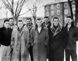 Sno Days king candidates for 1954, Marvin Brown, Dave Westlund, John Mann, Lyle Schmidt, Gene Hansen, Jerry Carlson, Bob McGregor, and Pete Peterson, St. Cloud State University