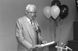 Paul Swensson at the dedication of a room in Stewart Hall (1948) in the Mass Communications department, St. Cloud State University