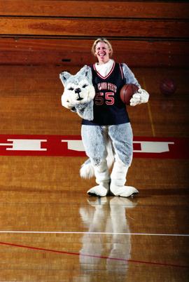 Husky mascot holds a basketball, St. Cloud State University