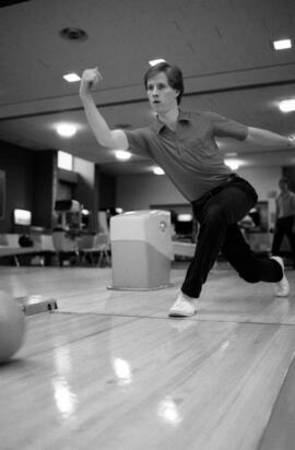 Mark London bowls at the Atwood Memorial Center (1966) bowling alley, St. Cloud State University