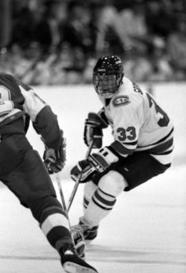 St. Cloud State hockey player Rikard Gronborg during a game against the University of Wisconsin