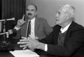 G. Gordon Liddy and 1960s activist Timothy Leary appear at a press conference before their debate at Stewart Hall (1948), St. Cloud State University