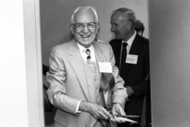 Paul Swensson at the dedication of a room in Stewart Hall (1948) in the Mass Communications department, St. Cloud State University