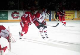 Action during a hockey game against the University of Wisconsin, St. Cloud State University