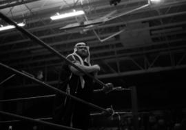 Jerry Blackwell stands ready before his wrestling match at Halenbeck Hall (1965), St. Cloud State University