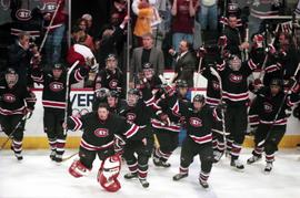 St. Cloud State men's hockey team celebrates winning the Broadmoor trophy, St. Cloud State University