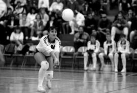 Kathy Davis bumps a volleyball during a game against the University of Minnesota-Duluth, St. Cloud State University